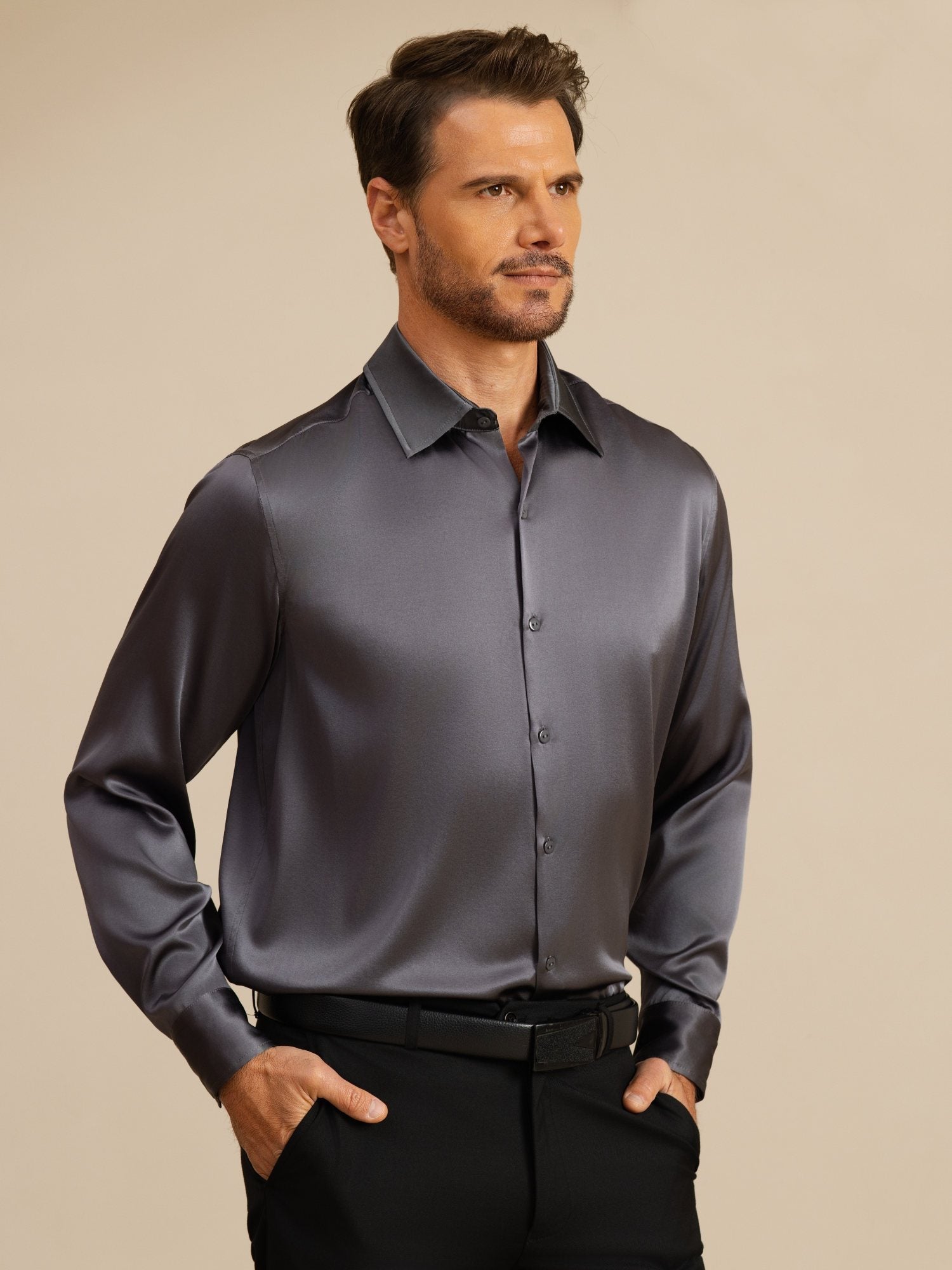 Chemise De Bureau Classique En Soie 19Momme À Manches Longues Col Revers Pour Homme