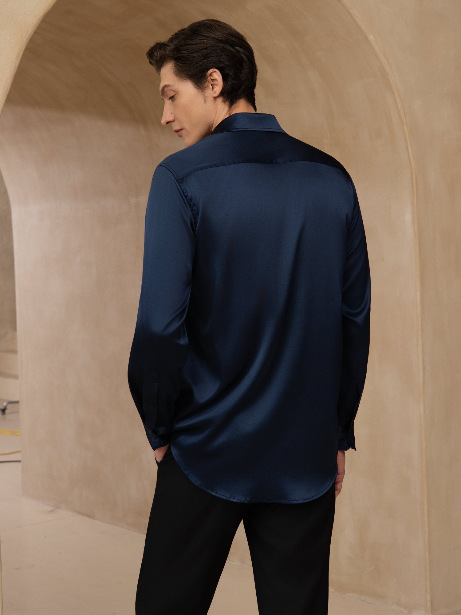 Chemise De Bureau Classique En Soie 19Momme À Manches Longues Col Revers Pour Homme
