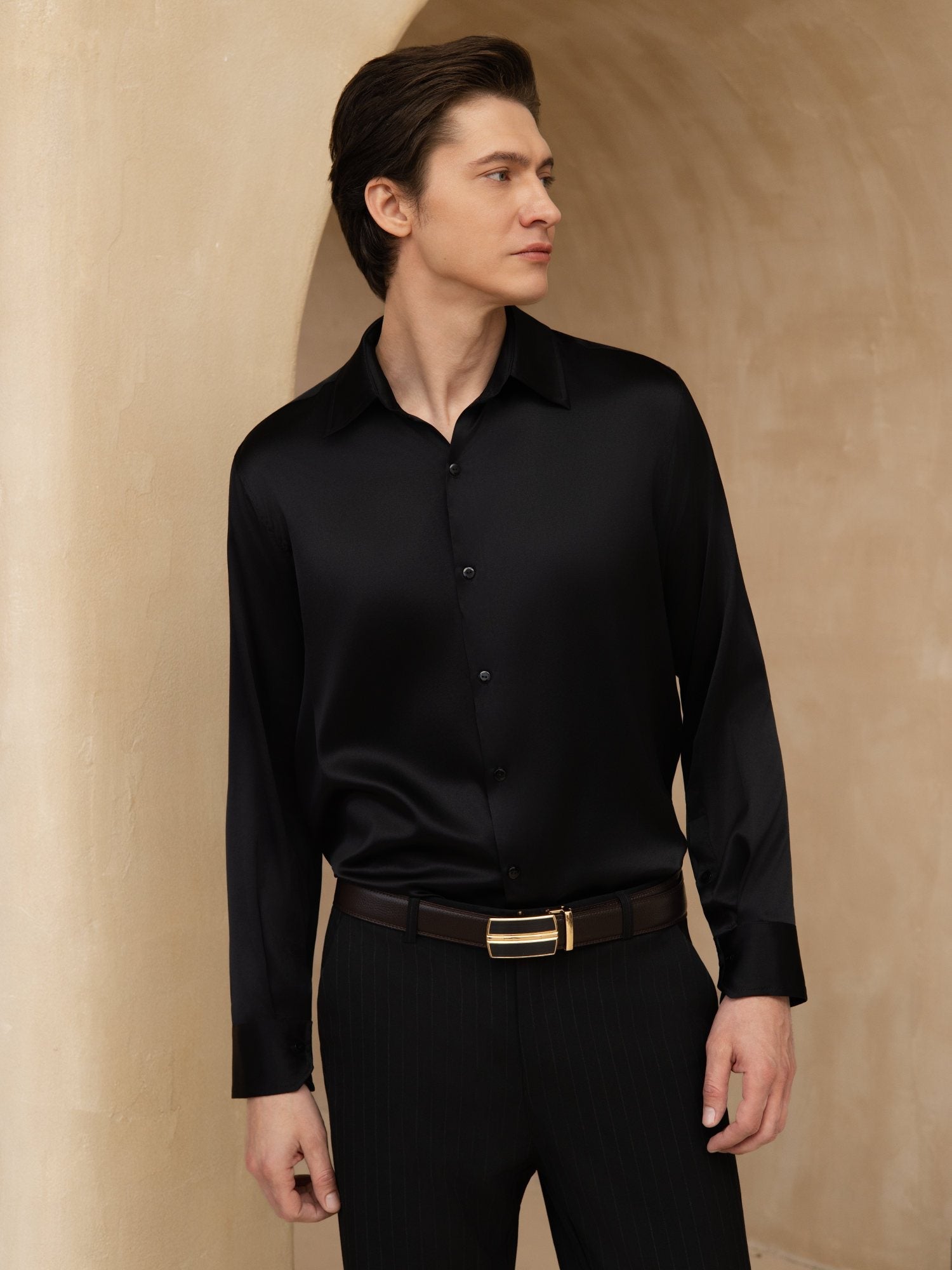 Chemise De Bureau Classique En Soie 19Momme À Manches Longues Col Revers Pour Homme