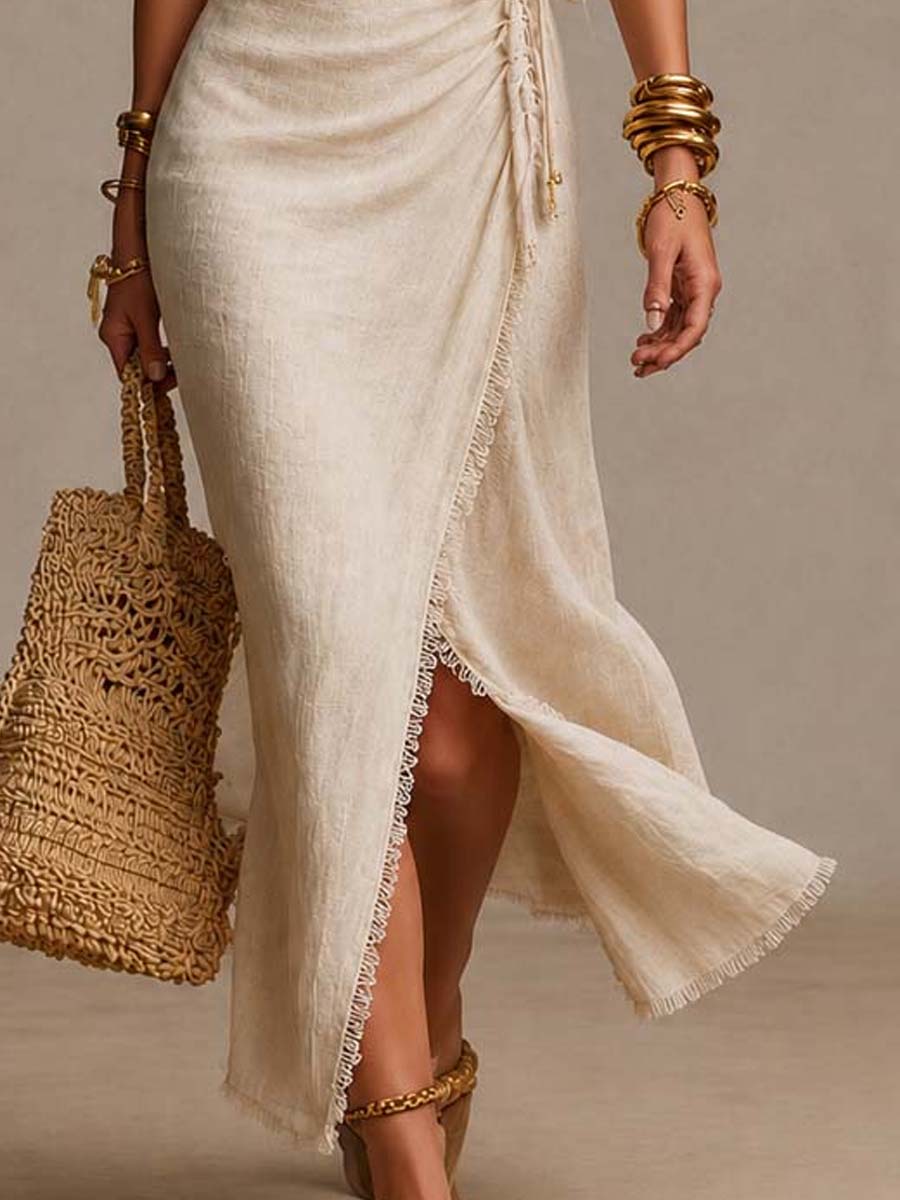 Tess™ | Robe midi en lin naturel avec pans croisés sur le devant, volants et bordure en dentelle