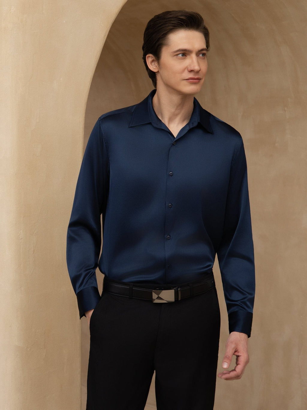 Chemise De Bureau Classique En Soie 19Momme À Manches Longues Col Revers Pour Homme