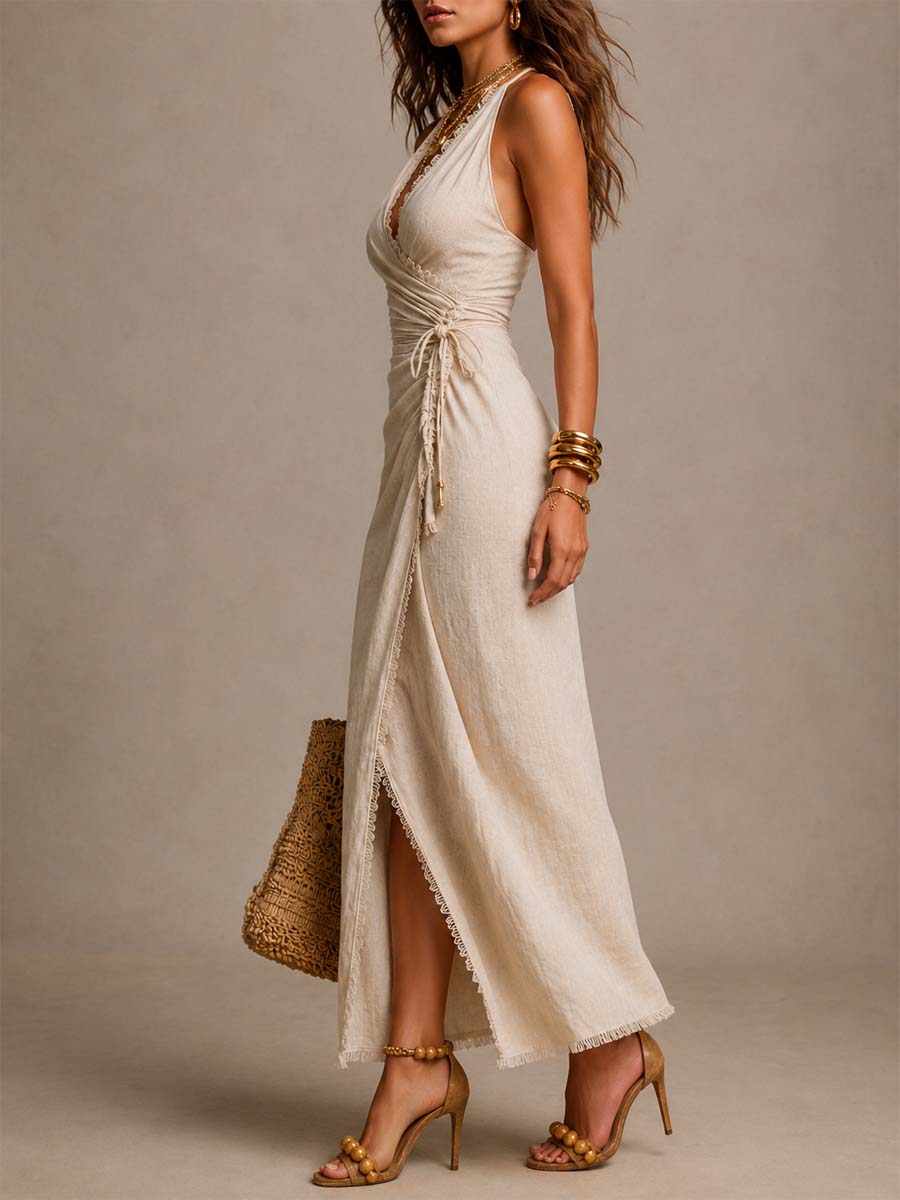 Tess™ | Robe midi en lin naturel avec pans croisés sur le devant, volants et bordure en dentelle