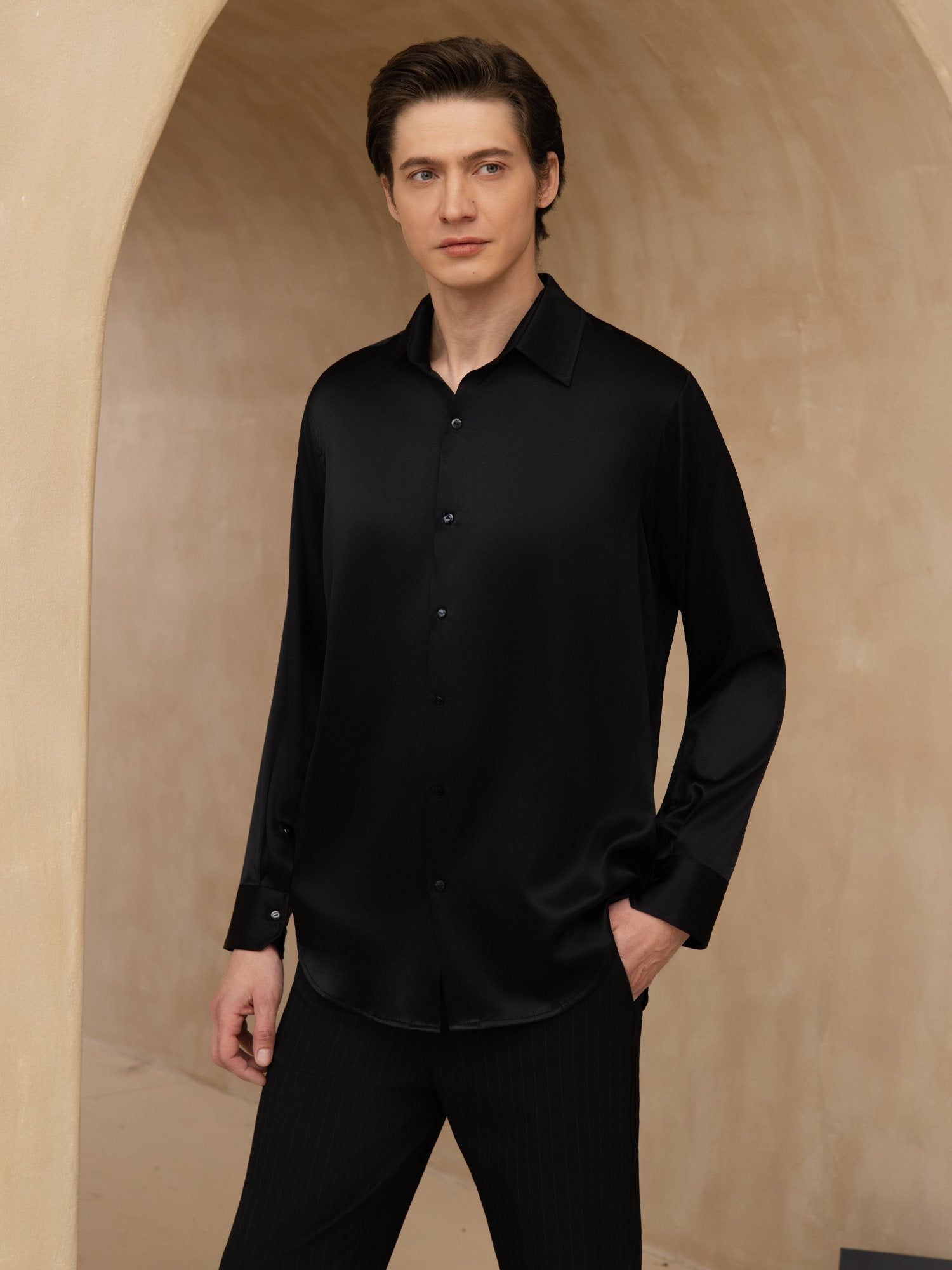 Chemise De Bureau Classique En Soie 19Momme À Manches Longues Col Revers Pour Homme