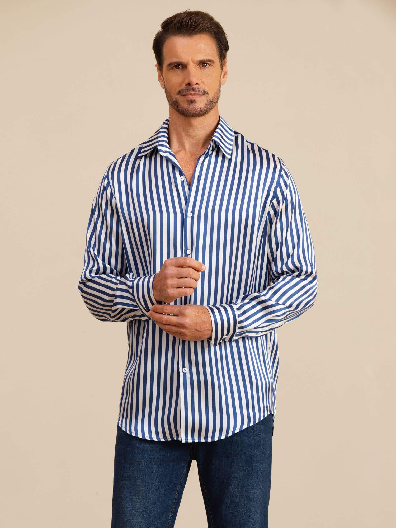 19Momme Soie Homme Manche Longue Col Revers Imprimé Rayures Chemise