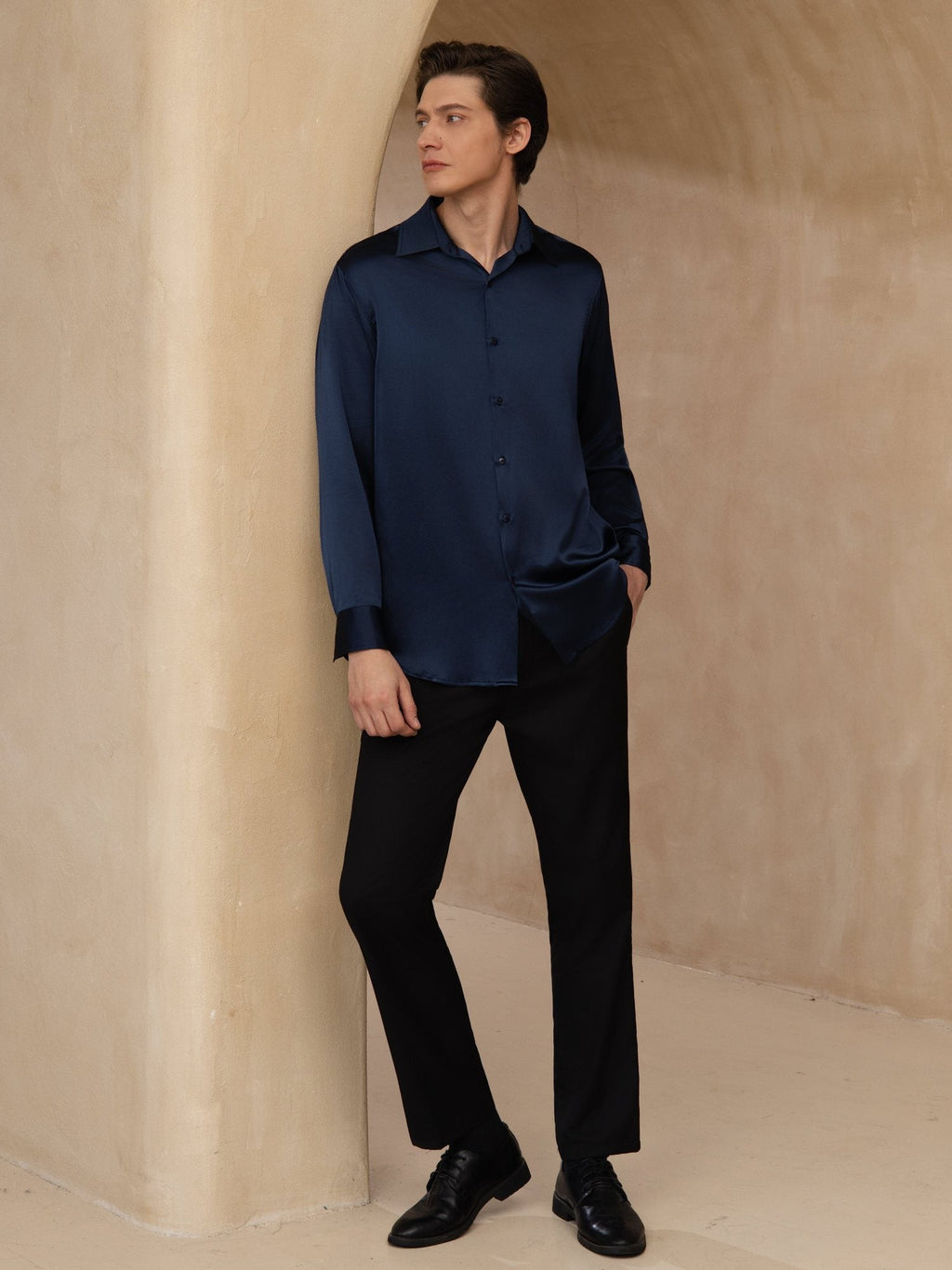 Chemise De Bureau Classique En Soie 19Momme À Manches Longues Col Revers Pour Homme