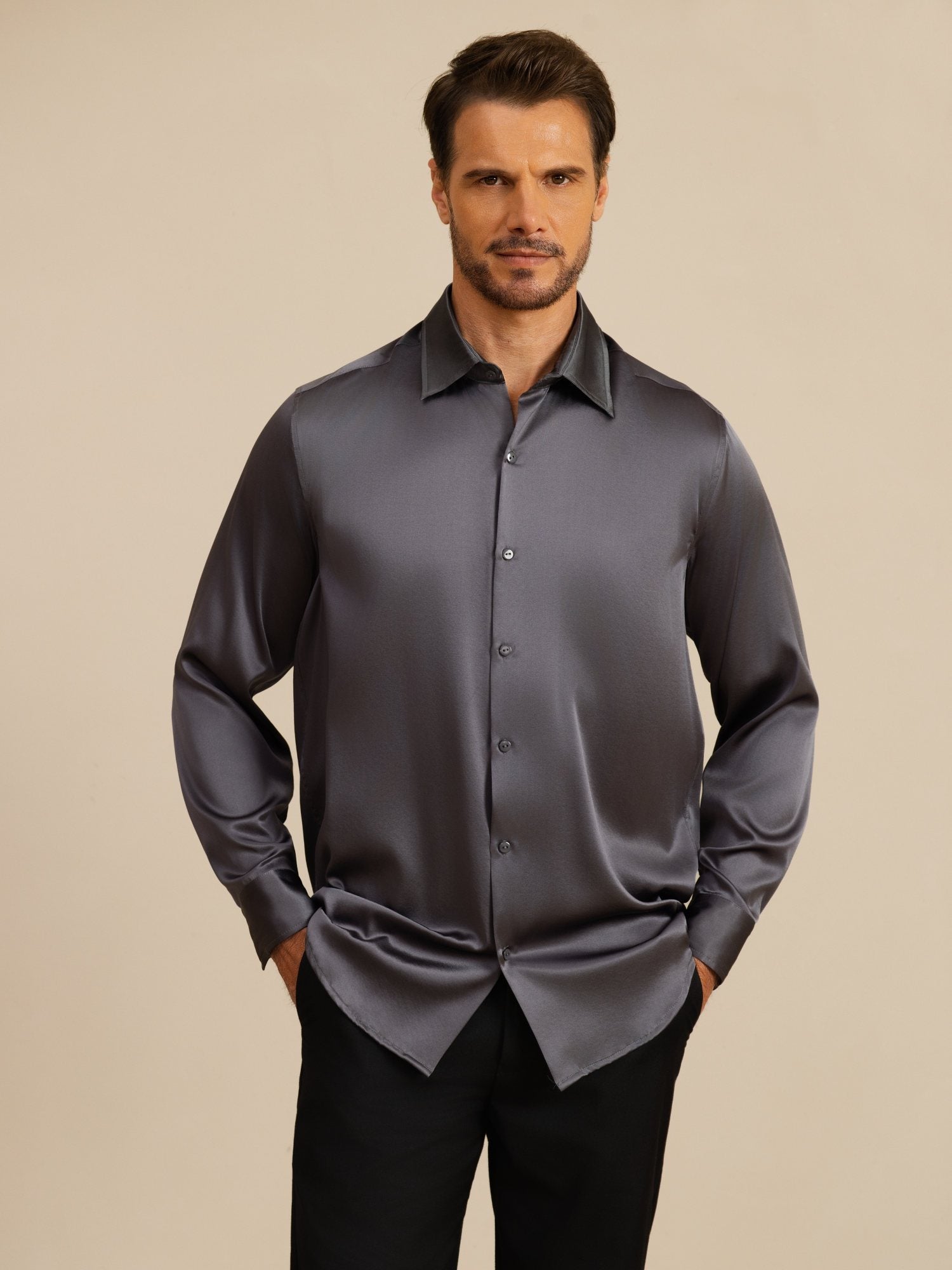 Chemise De Bureau Classique En Soie 19Momme À Manches Longues Col Revers Pour Homme