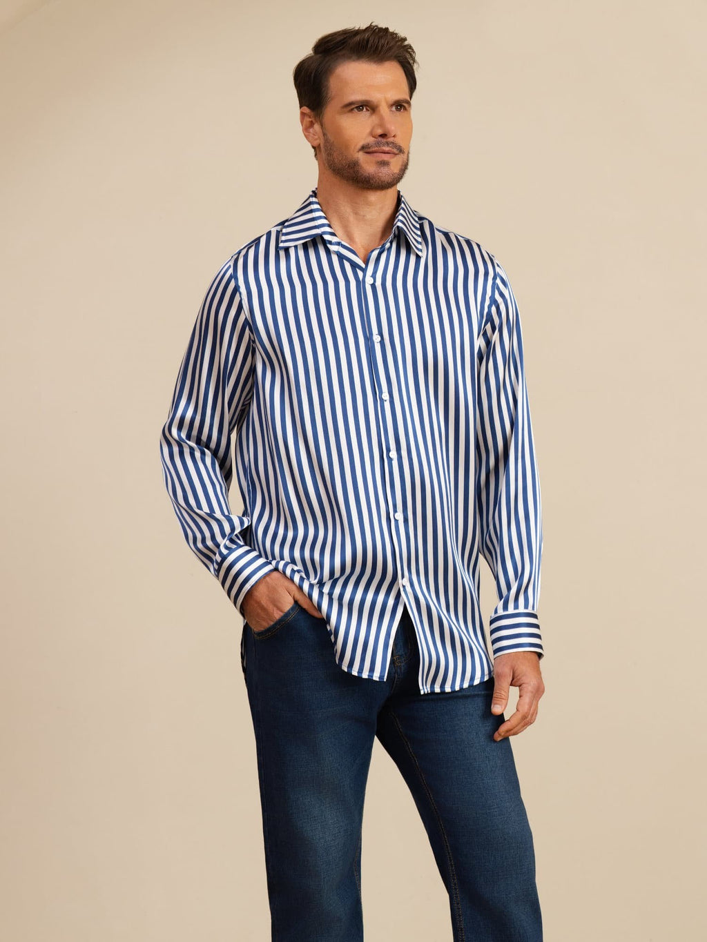 19Momme Soie Homme Manche Longue Col Revers Imprimé Rayures Chemise