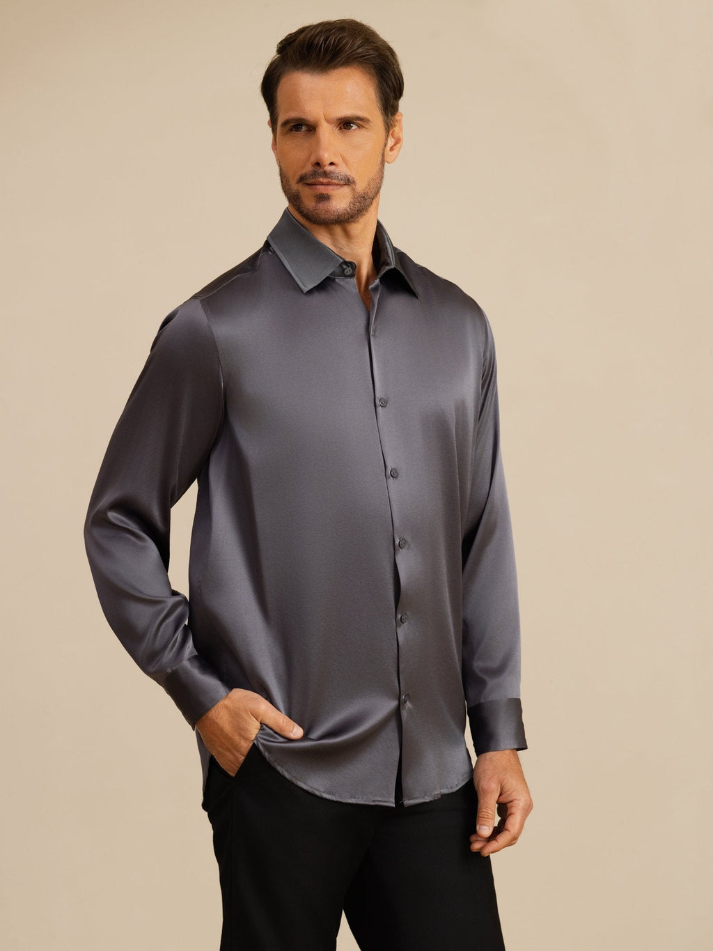 Chemise De Bureau Classique En Soie 19Momme À Manches Longues Col Revers Pour Homme