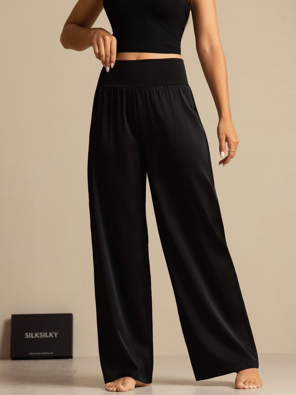 Pantalon large taille haute pour femmes en soie 19 Momme avec large ceinture extensible