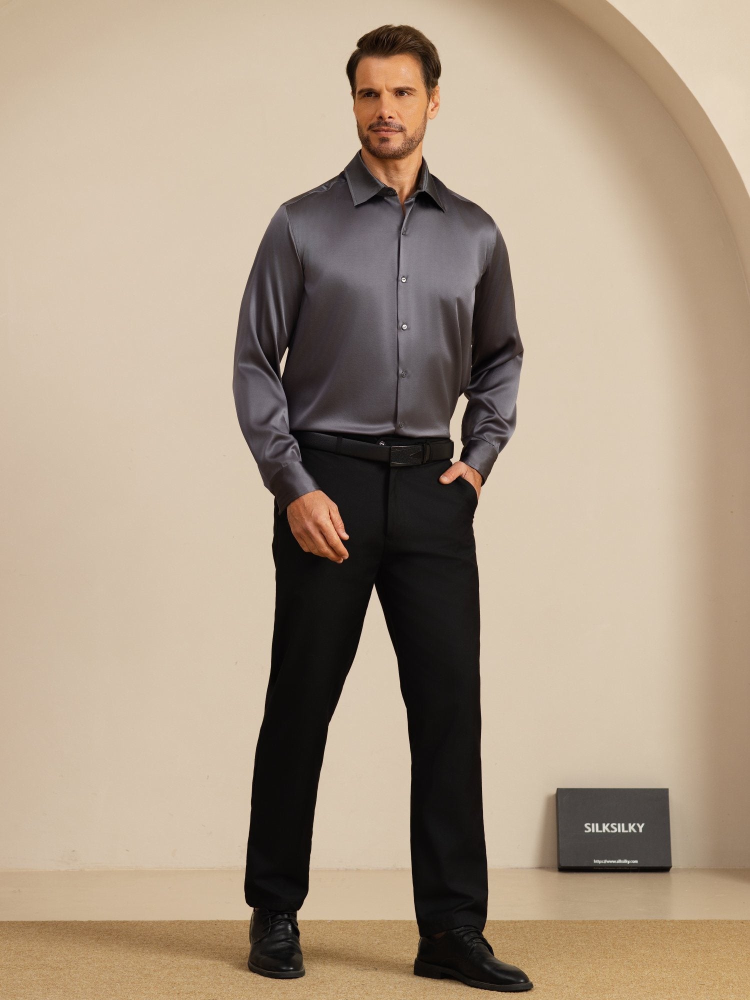 Chemise De Bureau Classique En Soie 19Momme À Manches Longues Col Revers Pour Homme