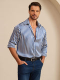 19Momme Soie Homme Manche Longue Col Revers Imprimé Rayures Chemise