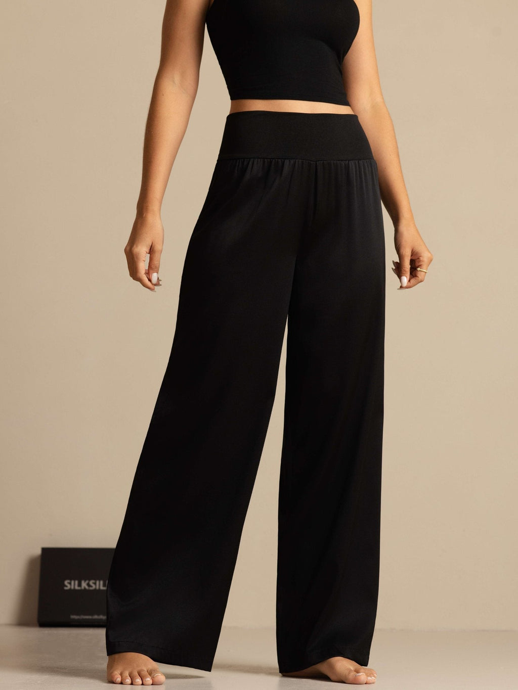 Pantalon large taille haute pour femmes en soie 19 Momme avec large ceinture extensible
