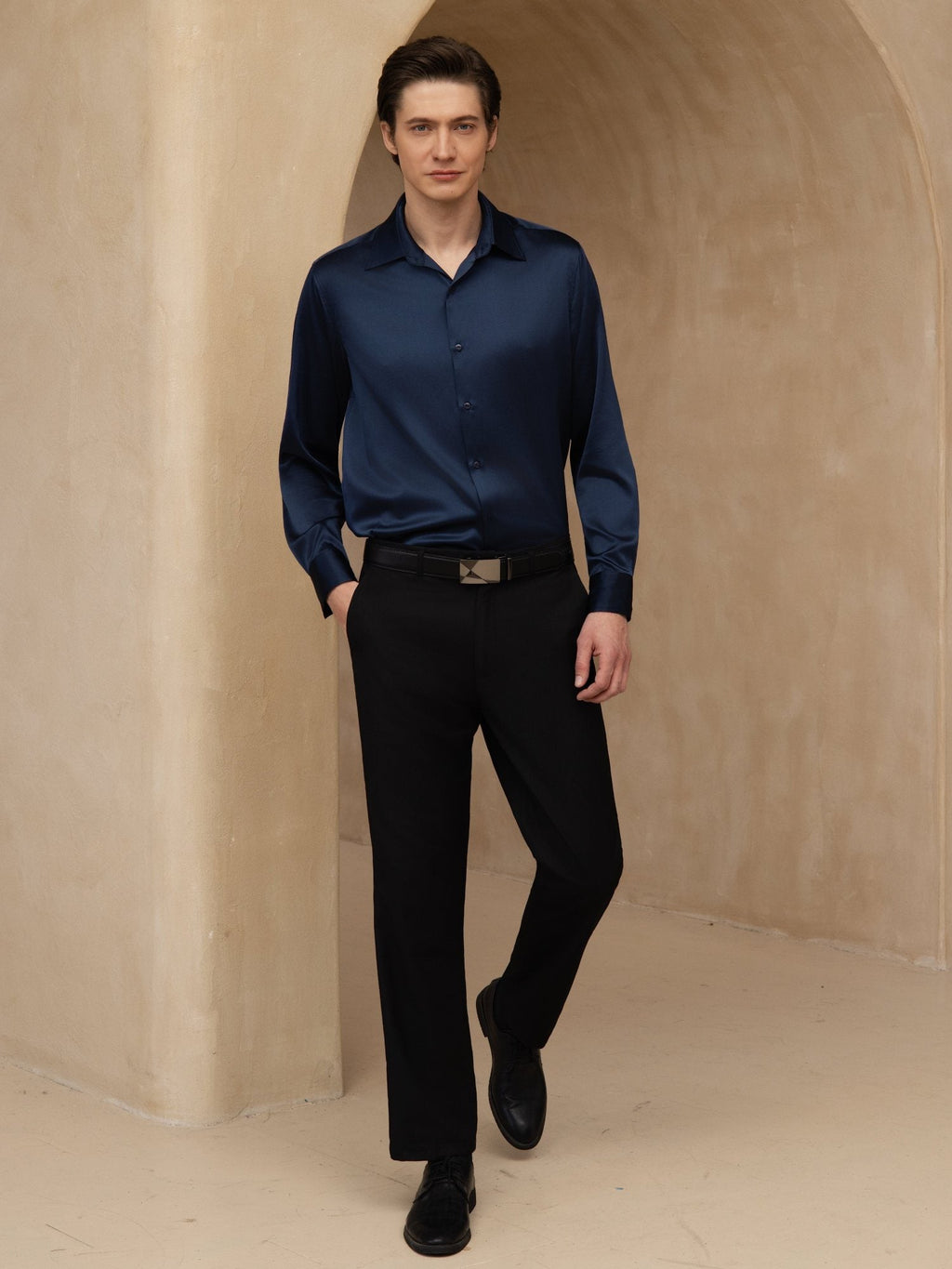 Chemise De Bureau Classique En Soie 19Momme À Manches Longues Col Revers Pour Homme