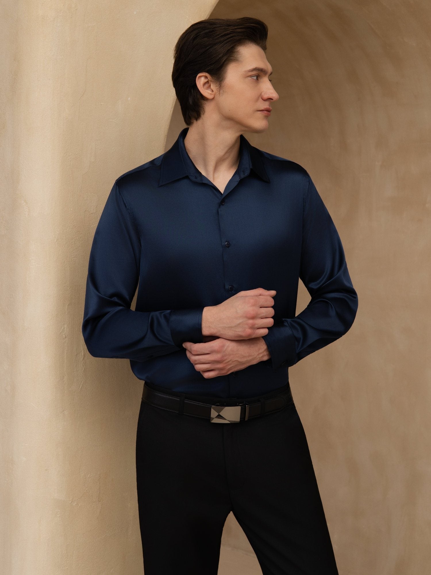 Chemise De Bureau Classique En Soie 19Momme À Manches Longues Col Revers Pour Homme