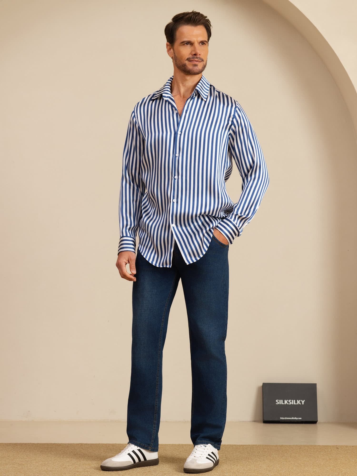 19Momme Soie Homme Manche Longue Col Revers Imprimé Rayures Chemise