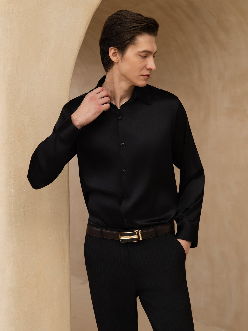Chemise De Bureau Classique En Soie 19Momme À Manches Longues Col Revers Pour Homme