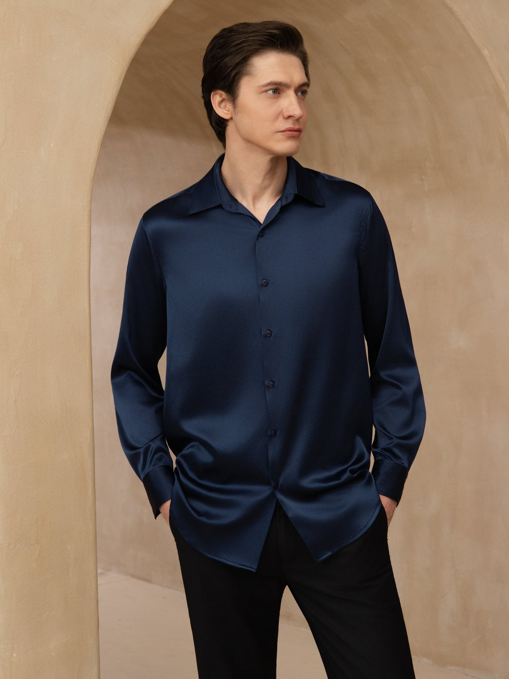 Chemise De Bureau Classique En Soie 19Momme À Manches Longues Col Revers Pour Homme
