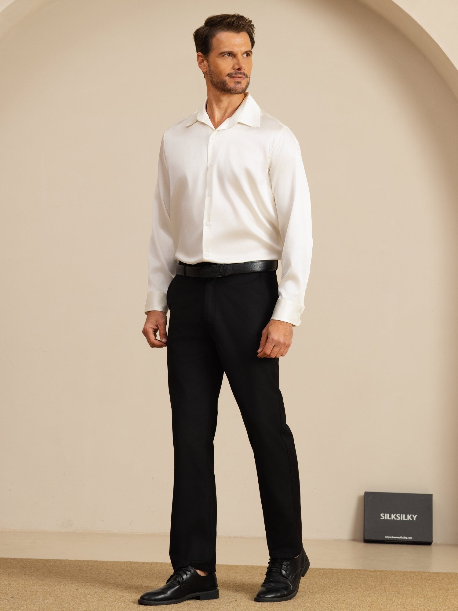 Chemise De Bureau Classique En Soie 19Momme À Manches Longues Col Revers Pour Homme