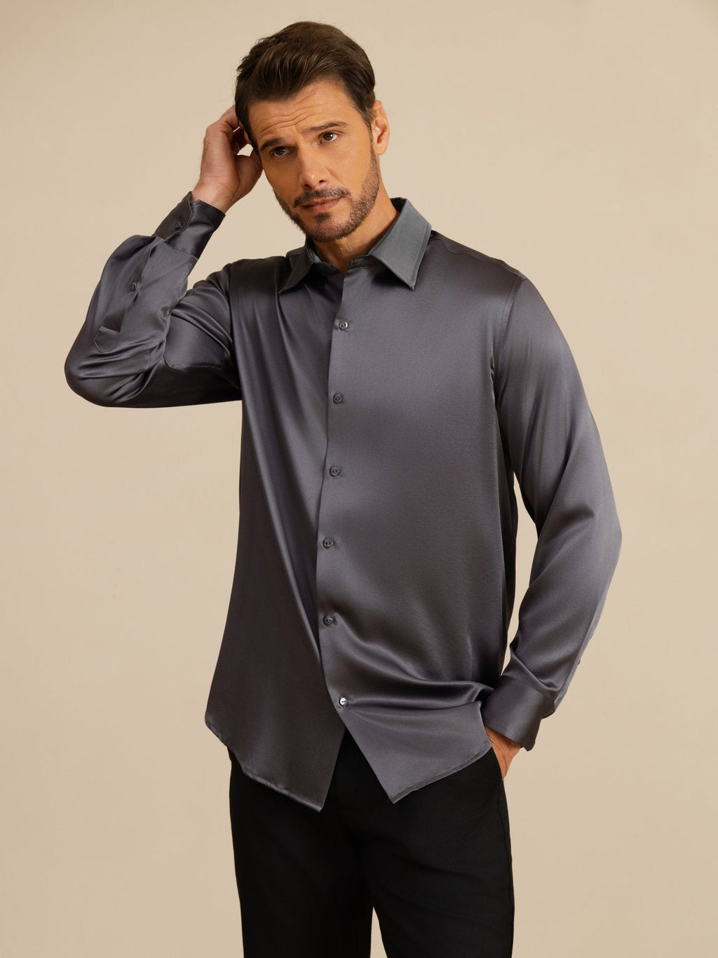 Chemise De Bureau Classique En Soie 19Momme À Manches Longues Col Revers Pour Homme