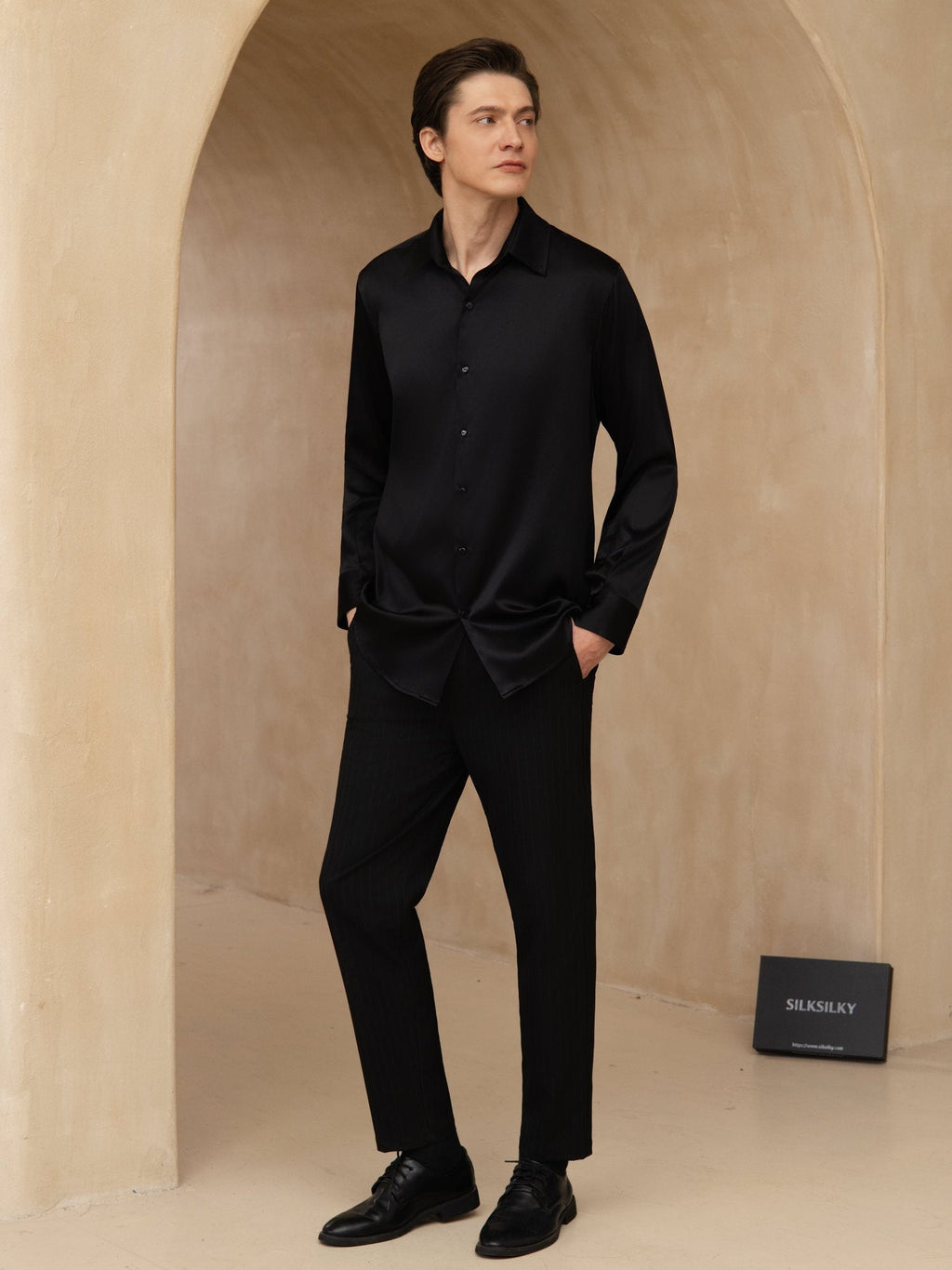 Chemise De Bureau Classique En Soie 19Momme À Manches Longues Col Revers Pour Homme