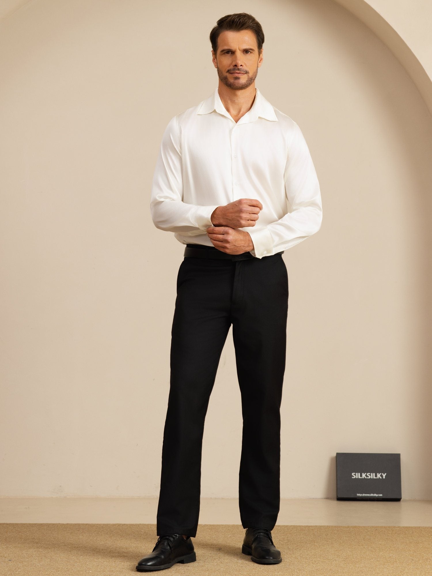 Chemise De Bureau Classique En Soie 19Momme À Manches Longues Col Revers Pour Homme