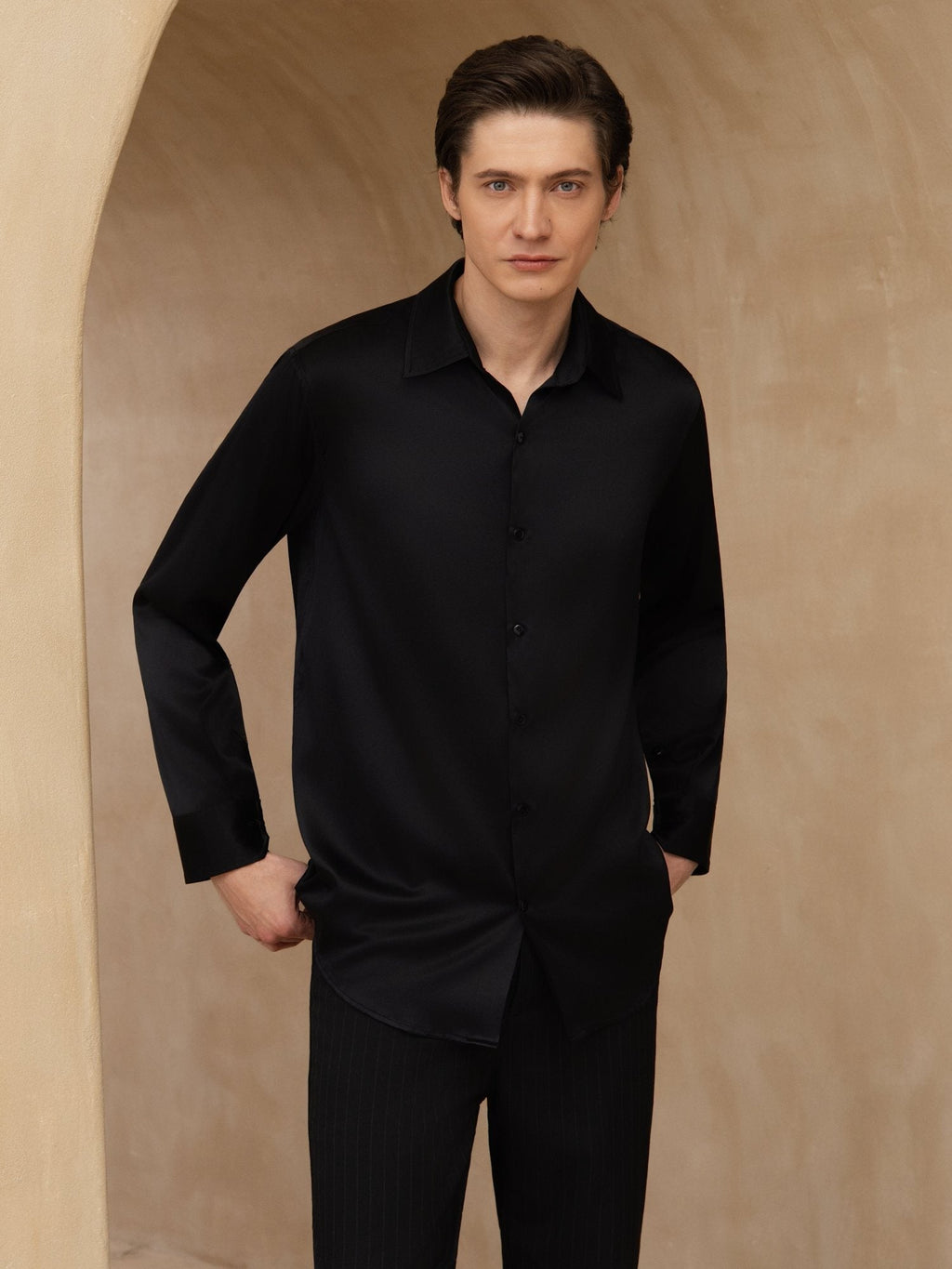 Chemise De Bureau Classique En Soie 19Momme À Manches Longues Col Revers Pour Homme