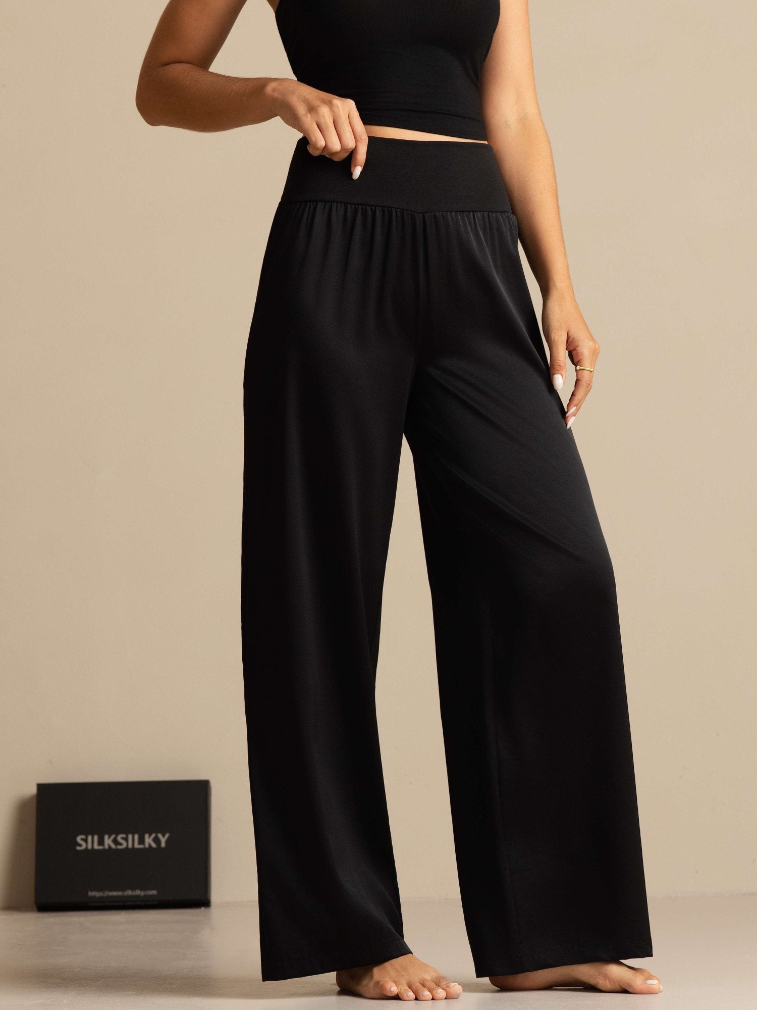 Pantalon large taille haute pour femmes en soie 19 Momme avec large ceinture extensible