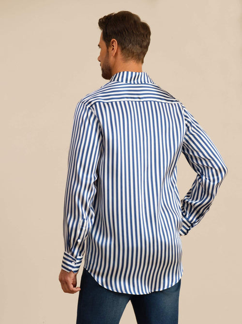 19Momme Soie Homme Manche Longue Col Revers Imprimé Rayures Chemise