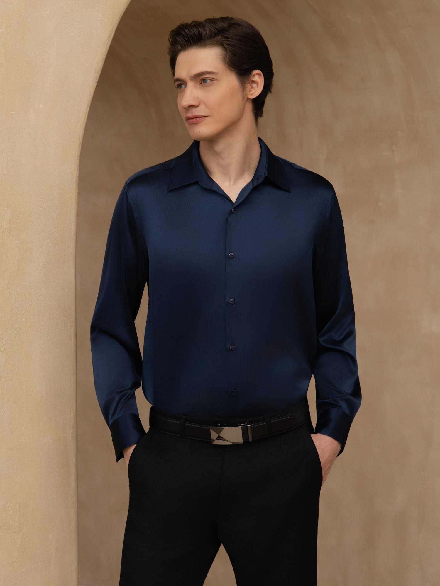 Chemise De Bureau Classique En Soie 19Momme À Manches Longues Col Revers Pour Homme