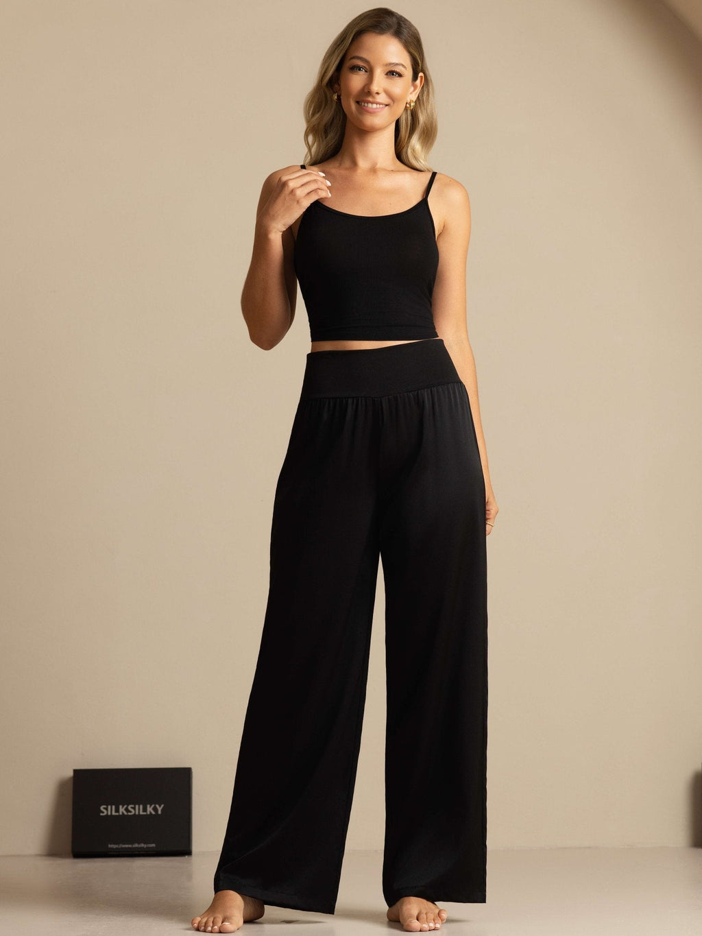 Pantalon large taille haute pour femmes en soie 19 Momme avec large ceinture extensible