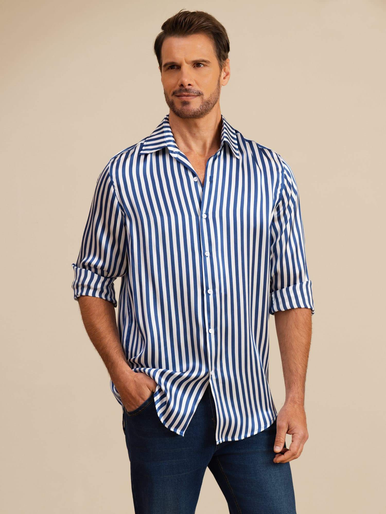 19Momme Soie Homme Manche Longue Col Revers Imprimé Rayures Chemise