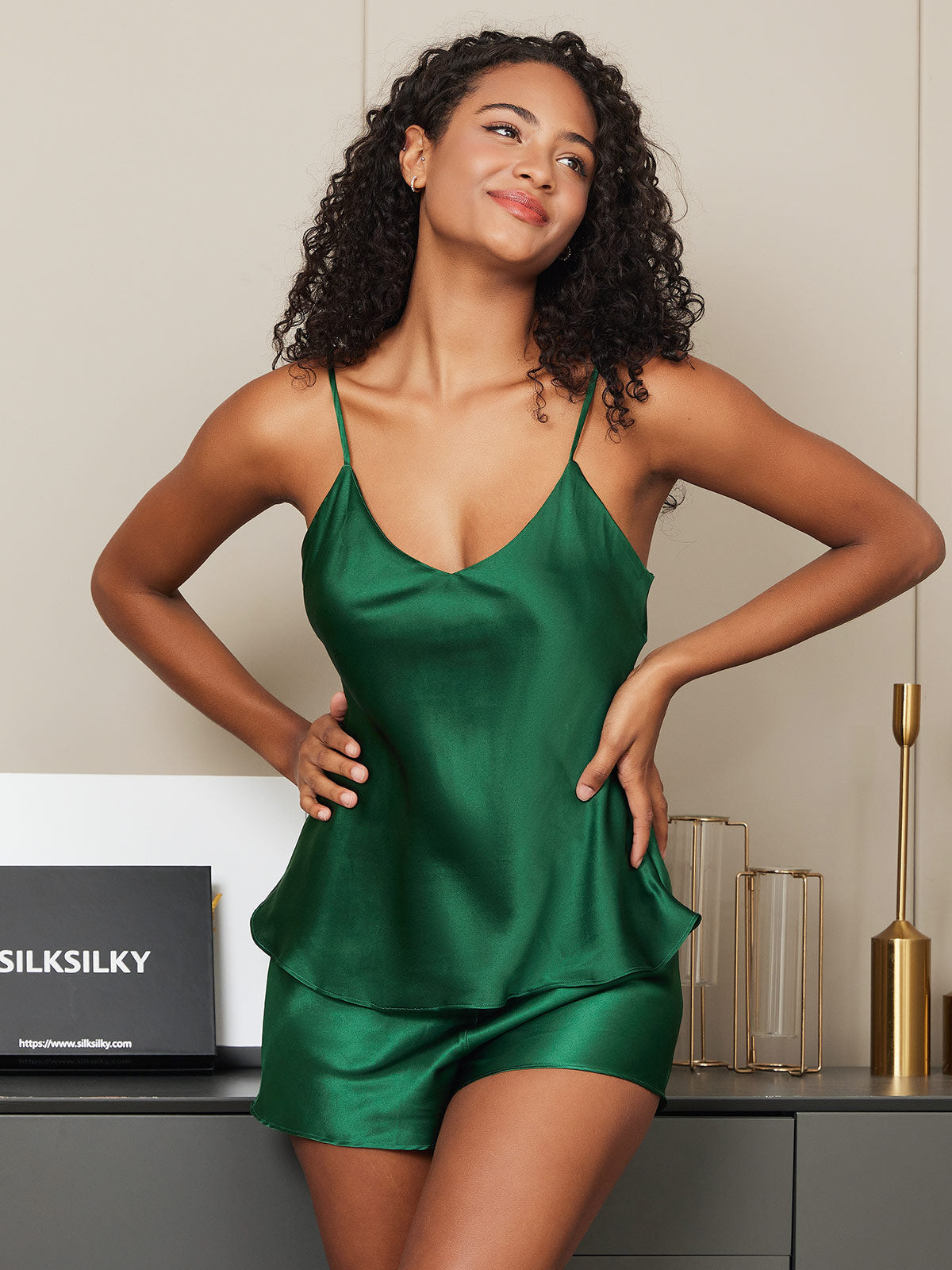 Ensemble de Camisole à Bretelles Spaghetti en Soie Pure 2Pcs